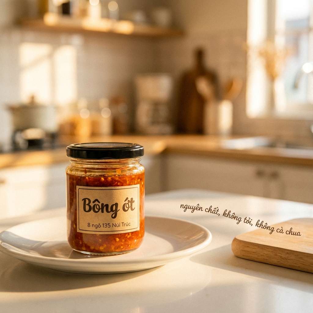 Hũ tương ớt Bông Ớt trên đĩa trắng
