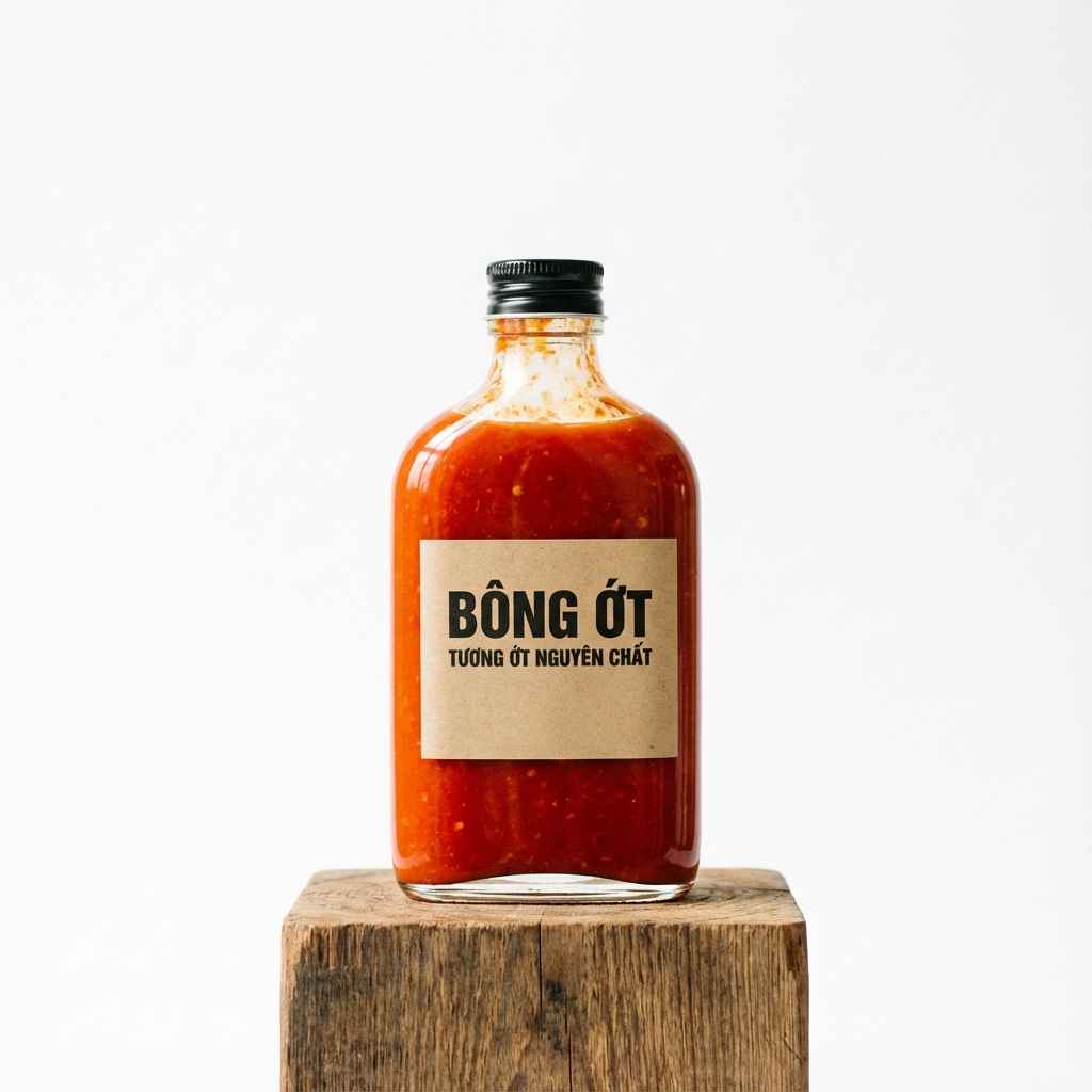 Chai tương ớt nguyên chất Bông Ớt trên đế gỗ