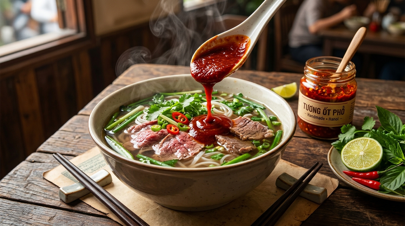 Phở bò tái lăn nóng hổi cùng tương ớt Bông Ớt gia truyền