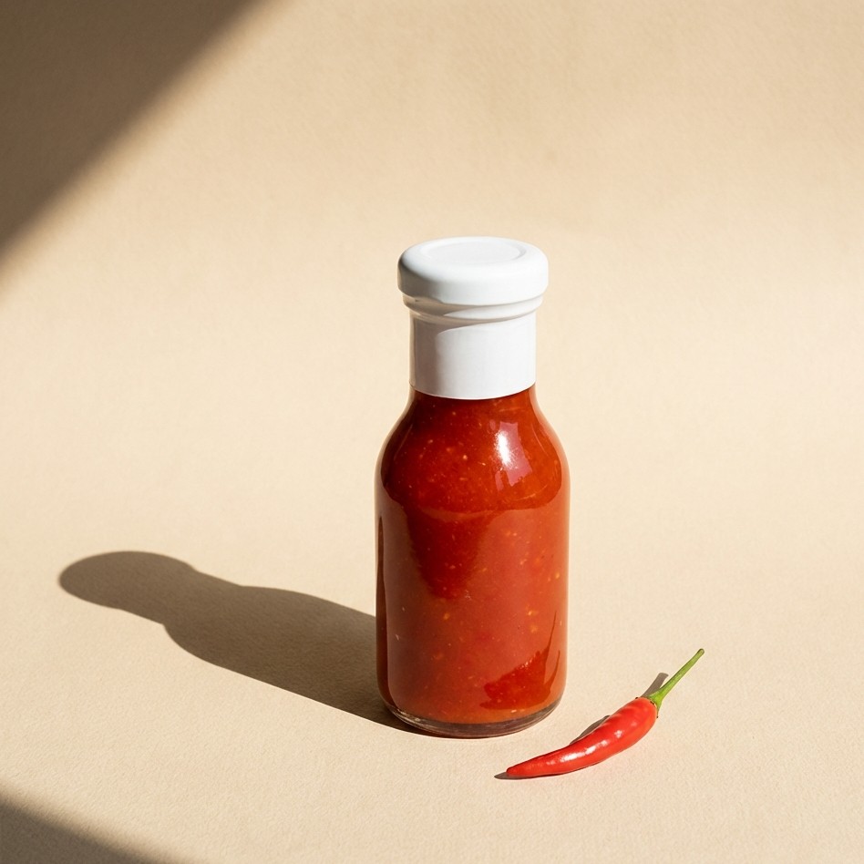 Chai tương ớt Bông Ớt bên cạnh quả ớt tươi - Phong cách tối giản